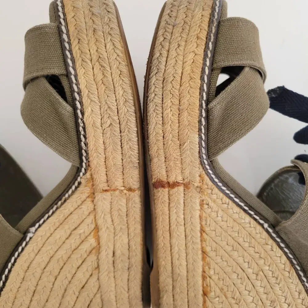 Tory Burch Lace Up Espadrille Wedge Sandals Olive Green Platform Women 9